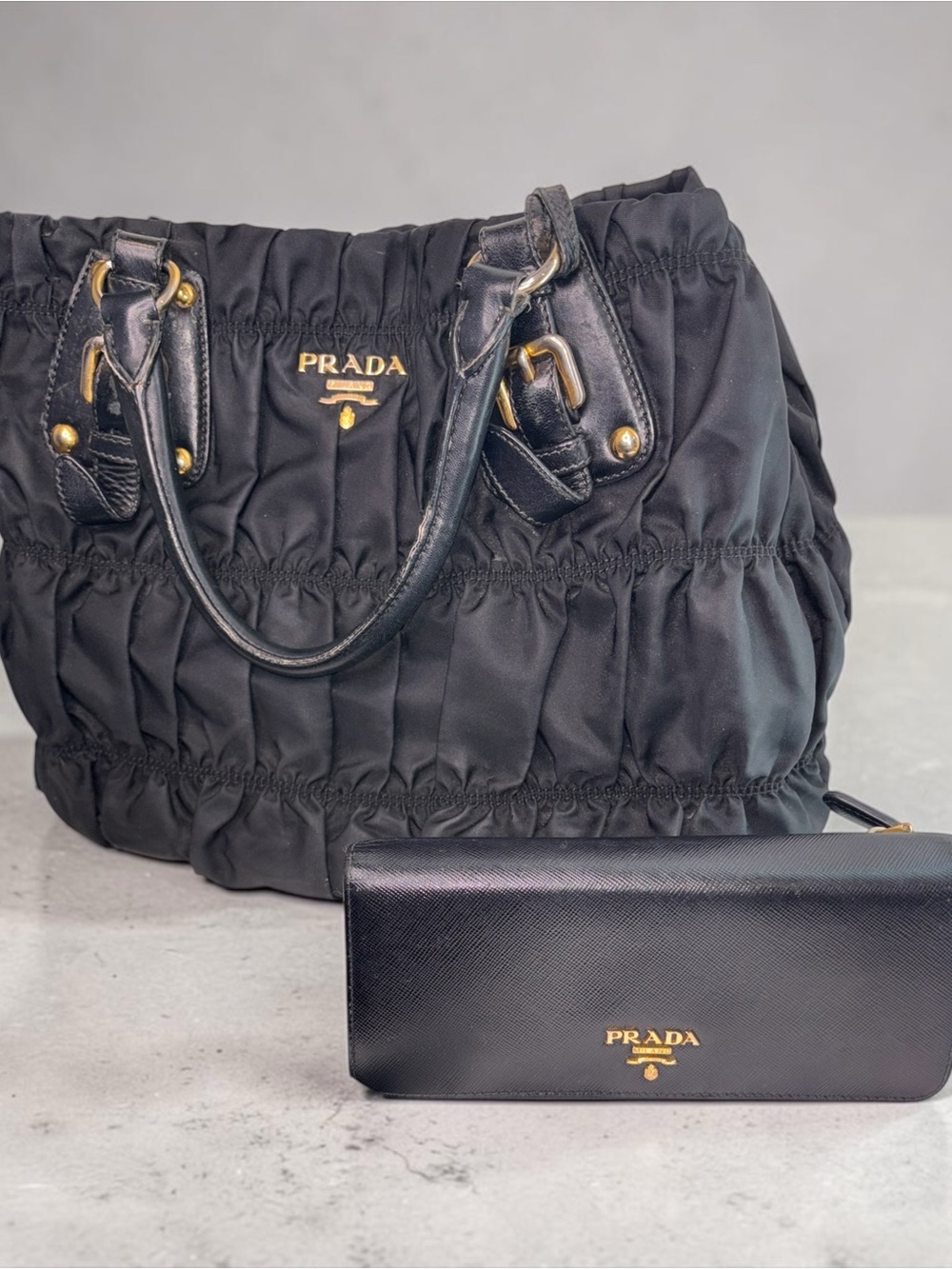 Prada Black Gathered Nylon Tote with Gold Hardware and Matching Wallet